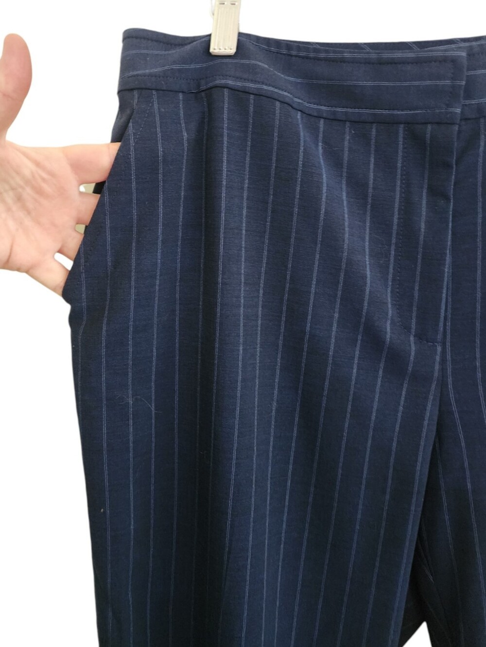 St. John Wool Silk Pinstripe Tailored Trousers Navy Size 14 Made in USA - Picture 5 of 10